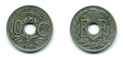 ФРАНЦИЯ 10 САНТИМОВ 1924 ТИП ЛИНДАЙЁ KM 866а, LE FRANC 138.10 медно-никель 84-345