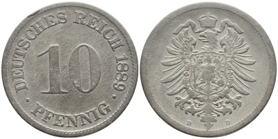 ГЕРМАНИЯ 10 ПФЕННИГОВ 1889 D, СТАРОГЕРБОВКА KM 4, J.4 медно-никель 4395-1233