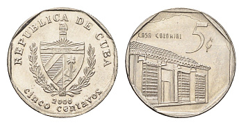 Куба 5 сентаво 2000 KM 575.2 сталь плакированная никелем UNC 4696-1144