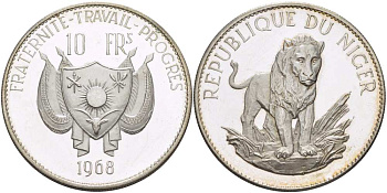Нигер 10 франков 1968 лев, без черты над Е, в слове Republique KM 8.2 серебро PROOF 02-035-34