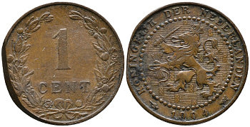 НИДЕРЛАНДЫ 1 ЦЕНТ 1904 ВИЛЬГЕЛЬМИНА KM 132.1 бронза 100-561