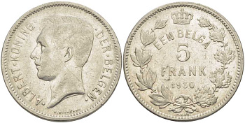 БЕЛЬГИЯ 5 ФРАНКОВ 1930 АЛЬБЕРТ I, DER BELGEN KM 98 никель 3851-312