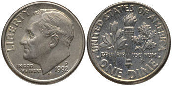 США 10 ЦЕНТОВ = 1 ДАЙМ 1992 P, РУЗВЕЛЬТ KM 195а медь плакированная медно-никелем 4396-467