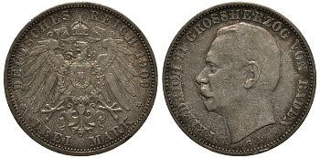 Баден 3 марки 1909 Фридрих II (1907-1918) J. 39, KM 280 серебро    3711-1625