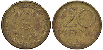 ГДР 20 пфеннигов 1969 А, первый год KM 11 латунь 62-956