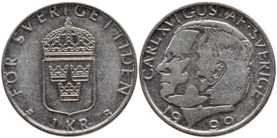 Швеция 1 крона 1999 Карл XVI Густав (1973- ) KM 852a медно-никель 4610-727