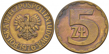 Польша 5 злотых 1976 монетный двор Ленинград (ЛМД) KM 81.1, Parchimowicz 221b латунь 4548-642