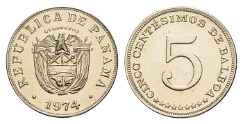 Панама 5 сентесимо 1974 тираж 19.000 экземпляров KM 23.2 медно-никель PROOF 1524-1141