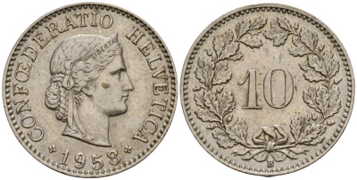 Швейцария 10 раппенов 1958 B KM 27 медно-никель     4152-1065