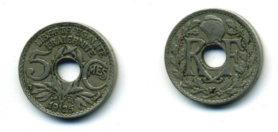 ФРАНЦИЯ 5 САНТИМОВ 1925 ТИП ЛИНДАЙЁ KM 875 медно-никель 84-317