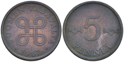 ФИНЛЯНДИЯ 5 ПЕННИ 1967 KM 45 медь 4564-1245