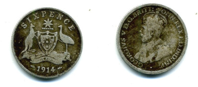 Австралия 6 пенсов 1914 L, Георг V (1910-1936), герб Австралии KM 25 серебро 46-351