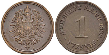 ГЕРМАНИЯ 1 ПФЕННИГ 1888 A, СТАРОГЕРБОВКА KM 1, J. 1, Weege 1 медь 206-1259
