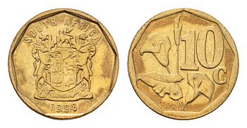 ЮАР 10 центов 1998 герб, цветок алоэ KM 161 сталь плакированная бронзой UNC 4679-169