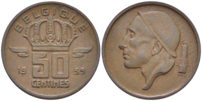 БЕЛЬГИЯ 50 САНТИМОВ 1959 BELGIQUE, БОДУЭН I (1951-1993) KM 148.1 бронза 116-1018