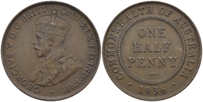 АВСТРАЛИЯ 1/2 ПЕННИ 1936 ГЕОРГ V KM 22 бронза 97-846