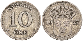 Швеция 10 эре 1927 W, Густав V (1907-1950) KM 780 серебро 4147-833