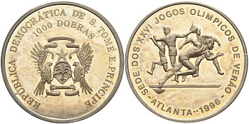 Сан-Томе и Принсипи 1000 добра 1996 XXVI Олимпийские игры 1996 года в Атланте, лёгкая атлетика KM 61 медно-никель PROOF 4368-933