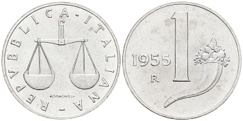 Италия 1 лира 1955 R, весы KM 91 алюминий  UNC  4594-139
