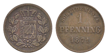 Бавария 1 пфенниг 1871 Людвиг II (1864-1886) KM 856 медь 4649-468