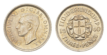 Великобритания 3 пенса 1940 Георг VI (1936-1952) KM 848, Spink 4085 серебро aUNC 4567-341