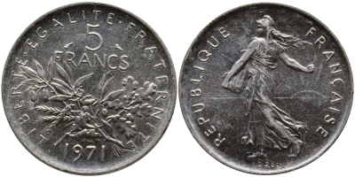 Франция 5 франков 1971 сеятель KM 926a.1, Le Franc 341.3 медно-никель плакированный никелем 4557-314