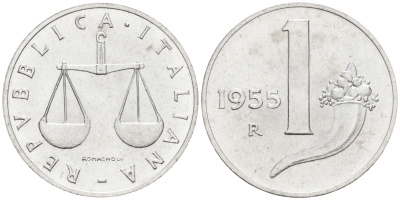 Италия 1 лира 1955 R, весы KM 91 алюминий  UNC  4594-139