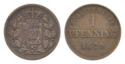 Бавария 1 пфенниг 1871 Людвиг II (1864-1886) KM 856 медь 4649-468