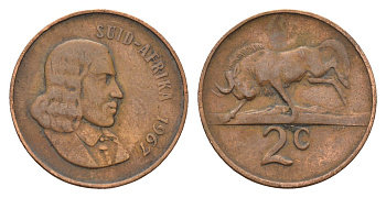 ЮАР 2 цента 1967 Ян ван Рибек (1619-1677), Suid Africa, легенда на африкаанс, антилопа гну KM 66.2 бронза 4122-156