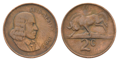 ЮАР 2 цента 1967 Ян ван Рибек (1619-1677), Suid Africa, легенда на африкаанс, антилопа гну KM 66.2 бронза 4122-156