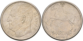 Норвегия 1 крона 1969 лошадь, Улаф V (1958-1991) KM 409 медно-никель 4561-141