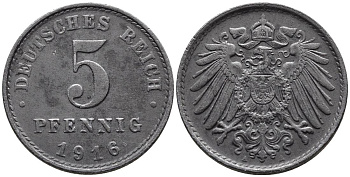 ГЕРМАНИЯ 5 ПФЕННИГОВ 1916 A KM 19, Jager 297, Weege 5 железо 4547-556