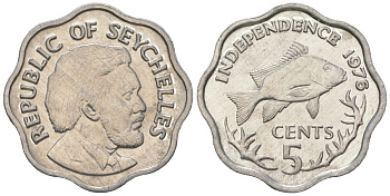 Сейшельские острова 5 центов 1976 Декларация независимости, Джеймс Мэнчем, рыба KM 22 алюминий UNC 4615-1061