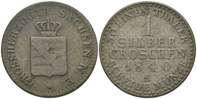 Саксен-Веймар-Эйзенах 1 грош 1840 А, Карл Фридрих Саксен-Веймар-Эйзенахский (1828-1853) KM 86, Jaeger 530, AKS 24 серебро 99-612