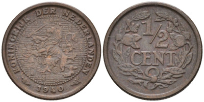 Нидерланды 1/2 цента 1940 Вильгельмина (1890-1948) KM 138 бронза 4588-1044