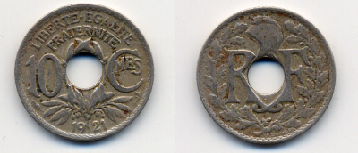 Франция 10 сантимов 1921 тип Линдайё KM 866a, Le Franc 138.3 медно-никель 4388-431