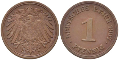 ГЕРМАНИЯ 1 ПФЕННИГ 1907 D KM 10, J. 10, Weege 2 медь 211-361