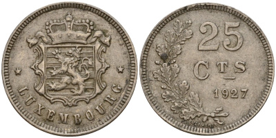 Люксембург 25 сантимов 1927 Шарлотта (1918-1964) KM 37 медно-никель 4577-1134