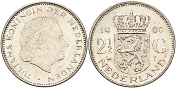Нидерланды 2 1/2 гульдена 1980 Юлиана (1948-1980) KM 191 никель 4593-646