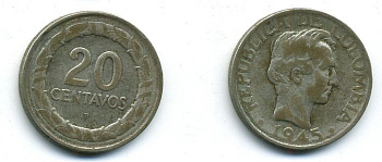 КОЛУМБИЯ 20 СЕНТАВО 1945 серебро 4-244