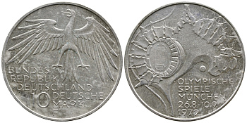 ФРГ 10 МАРОК 1972 F, ОЛИМПИАДА, СТАДИОН KM 133, J.404 серебро UNC 443-345