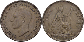Великобритания 1 пенни 1938 Георг VI (1936-1952) KM 845, Spink 4114 бронза 97-1113