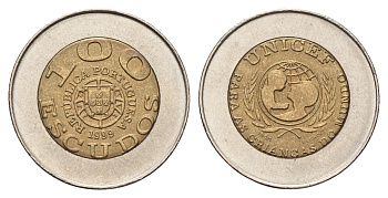 Португалия 100 эскудо 1999 ЮНИСЕФ, PORTUGUESA KM 722.1 биметалл UNC 4678-835