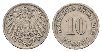 Германия 10 пфеннигов 1908 F, Вильгельм II (1888-1918) KM 12, J. 13 медно-никель 4636-916