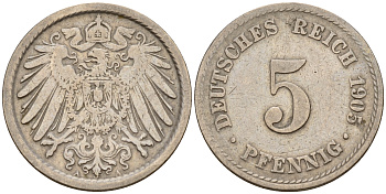 Германия 5 пфеннигов 1905 A J.12, KM 11 медно-никель    4598-1131