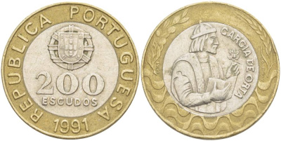 Португалия 200 эскудо 1991 Гарсия Де Орта (1501-1568) KM 655 биметалл 4542-943