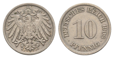 Германия 10 пфеннигов 1908 F, Вильгельм II (1888-1918) KM 12, J. 13 медно-никель 4636-916