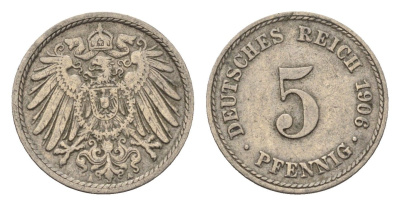 Германия 5 пфеннигов 1906 A KM 11, J. 12 медно-никель 4696-639