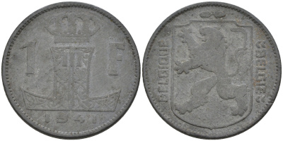 Бельгия 1 франк 1941 BELGIQUE-BELGIE, первый год, немецкая оккупация KM 127 цинк 4592-455