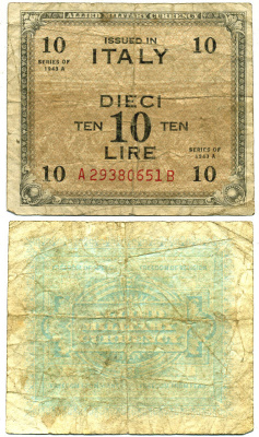 Италия 10 лир 1943 серия А-в, второй выпуск, военная валюта союзников Pick М19b бумага 7484-13-3-1